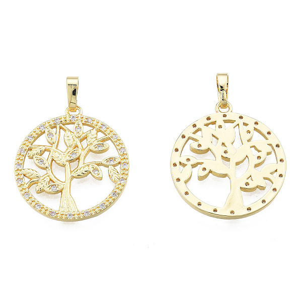 

PandaHall Brass Micro Pave Clear Cubic Zirconia Pendants, with Brass Snap on Bails, Nickel Free, Hollow, Flat Round with Tree, Real 18K Gold...