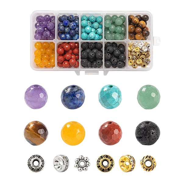 

PandaHall 285Pcs 14 Style Natural Mixed Faceted Round Gemstone Beads, with Alloy & Brass Spacer Beads, Chakra, Rondelle & Bicone & Flower...