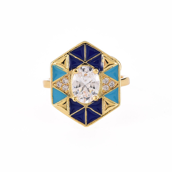 

PandaHall Brass Micro Pave Clear Cubic Zirconia Cuff Rings, Open Rings, with Enamel, Cadmium Free & Nickel Free & Lead Free, Hexagon, Real..., Blue