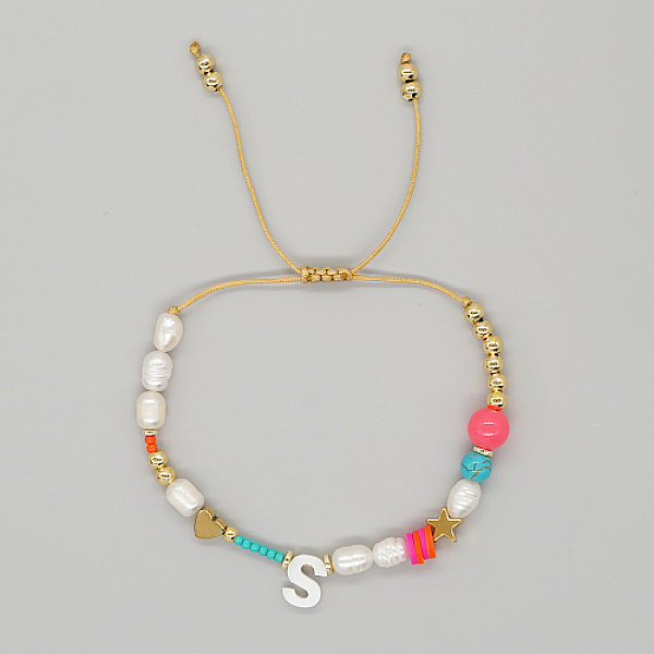 

PandaHall Initial Letter Natural Pearl Braided Bead Bracelet, Adjustable Bracelet, Letter S, 11 inch(28cm) Pearl Letter S