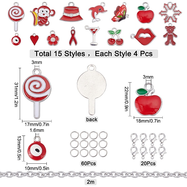 

PandaHall SUNNYCLUE DIY Bracelet Making Kits, Including 304 Stainless Steel Cable Chains, Mixed Shapes Alloy Enamel Pendants, Alloy Lobster..., Red