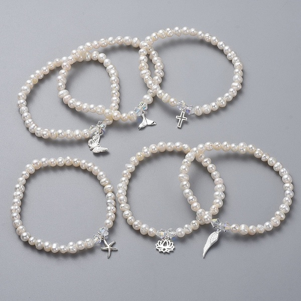 

PandaHall Natural Freshwater Pearl Beads Stretch Bracelets, with 925 Sterling Silver Charms, Austrian Crystal Beads and Cardboard Boxes..., White