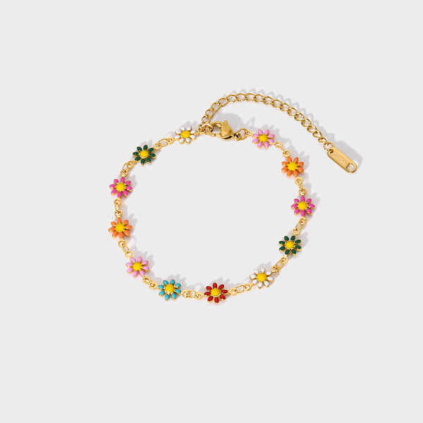 Fashionable 304 Stainless Steel Enamel Daisy Link Bracelet for Women