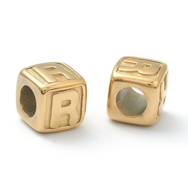 

PandaHall 304 Stainless Steel European Beads, Large Hole Beads, Horizontal Hole, Cube with Letter, Golden, Letter.R, 8x8x8mm, Hole: 4mm 304...