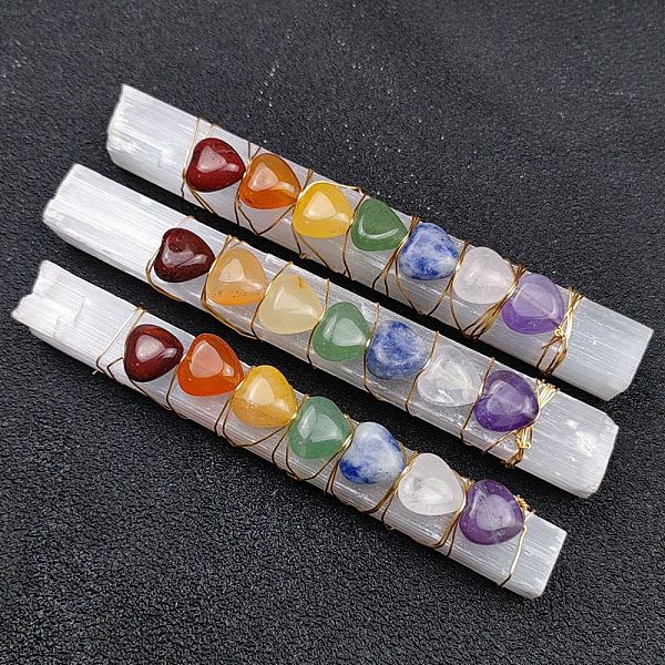 

PandaHall Chakra Jewelry, Natural Selenite Home Decorations, Brass Wire Wrapped Natural Gemstone Display Decorations, Rectangle, Heart...