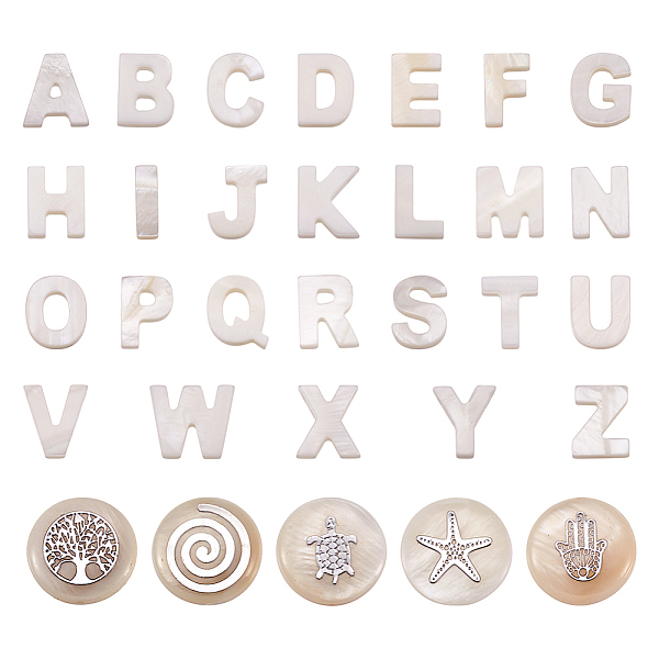 

PandaHall Natural Freshwater Shell Beads, Top Drilled Beads, Letter A~Z, Alphabet, Flat Round with Mixed Shapes, White, 36pcs/box Freshwater...