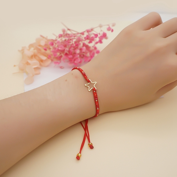 

PandaHall Miyuki Seed Braided Bead Bracelet with Open Star, Adjustable Friendship Bracelet for Women, Red, 11 inch(28cm) Glass Red