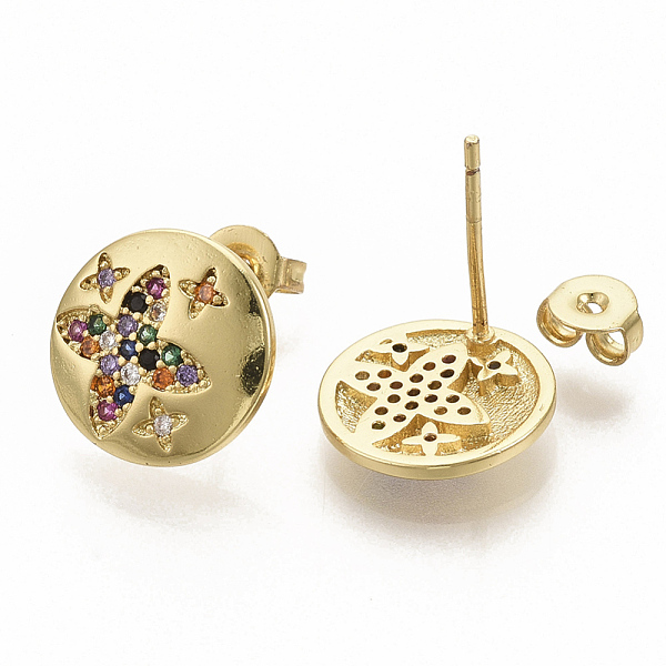 

PandaHall Brass Micro Pave Colorful Cubic Zirconia Stud Earrings, with Earring Backs, Flat Round with Sar, Real 16K Gold Plated, 12mm, Pin...