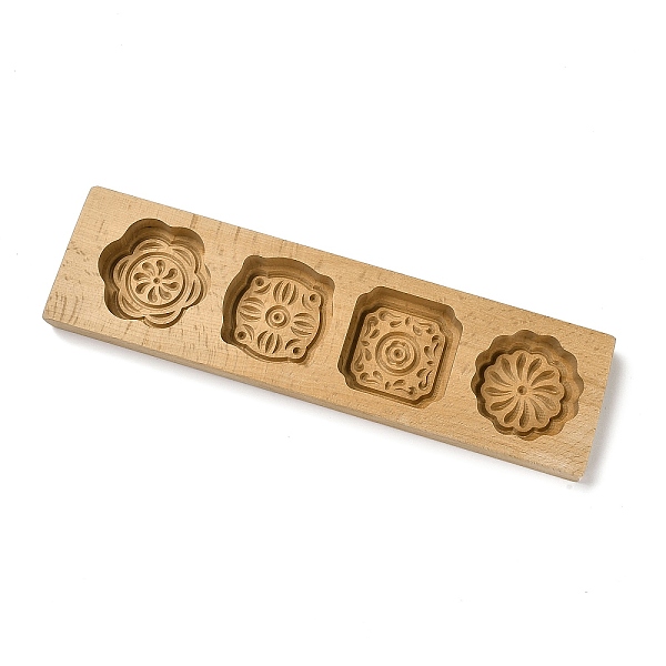 PandaHall Flower Pattern Beech Wooden Press Mooncake Mold, Chinese Characters Pastry Mould, 4 Cavities Cake Mold Baking, BurlyWood...