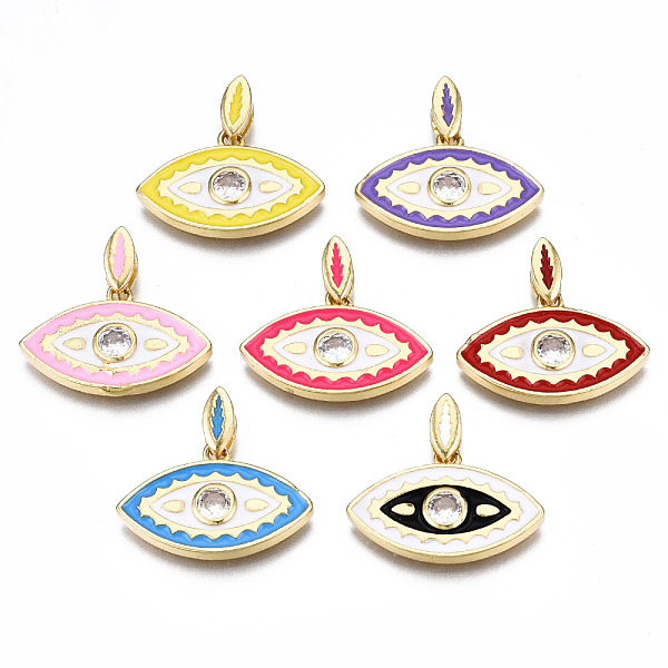 

PandaHall Brass Cubic Zirconia Pendants, with Enamel, Nickel Free, Eye, Real 16K Gold Plated, Mixed Color, 20x22.5x3mm, Hole: 2mm..., Multicolor