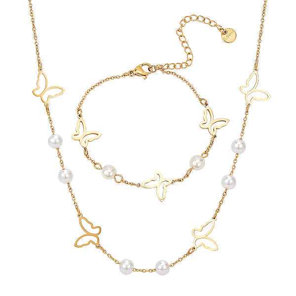 

PandaHall ANATTASOUL Titanium Steel Butterfly Jewelry Set, Pendnat Necklace & Link Bracelet with Plastic Pearl Beaded, Golden, 16.34 inch..., White