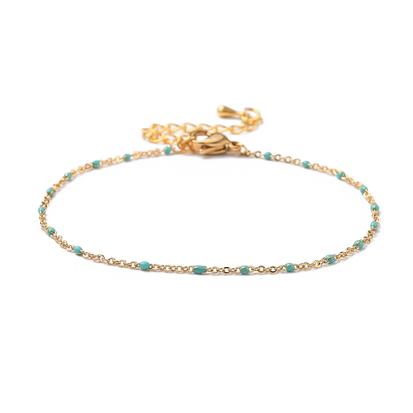 PandaHall Brass Cable Chain Bracelets, with Enamel and 304 Stainless Steel Lobster Claw Clasps, Real 18K Gold Plated, Dark Cyan, 7-1/4 inch