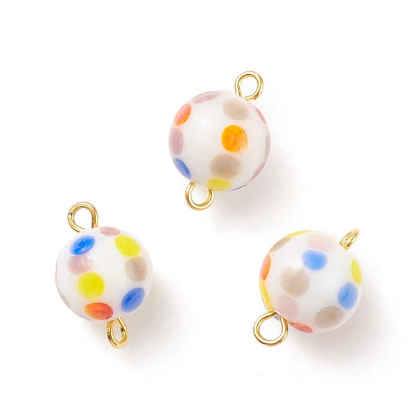 

PandaHall Handmade Lampwork Connector Charms, with Brass Double Loops, Round with Colorful Polka Dot Pattern, Golden, 15x10~10.5mm, Hole...