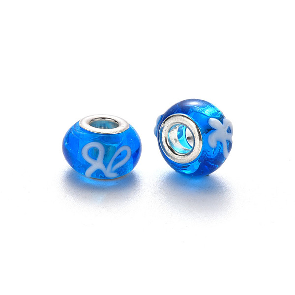 

PandaHall Handmade Lampwork European Beads, Large Hole Rondelle Beads, Bumpy Lampwork, with Platinum Tone Brass Double Cores, Dodger Blue...