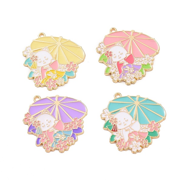 

PandaHall Alloy Enamel Pendants, Cat with Umbrella Charm, Golden, Mixed Color, 33.5x31.5x1mm, Hole: 2mm Alloy+Enamel Cat Shape Multicolor