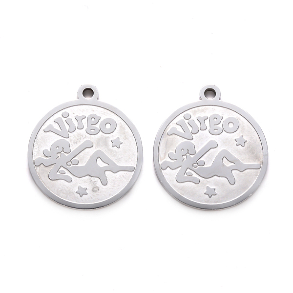 

PandaHall 201 Stainless Steel Pendants, Flat Round with Twelve Constellation, Laser Cut, Stainless Steel Color, Virgo, 25x22x1.5mm, Hole...