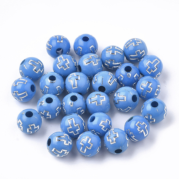 

PandaHall Plating Acrylic Beads, Silver Metal Enlaced, Round with Cross, Deep Sky Blue, 8mm, Hole: 2mm, about 1800pcs/500g Acrylic Round...
