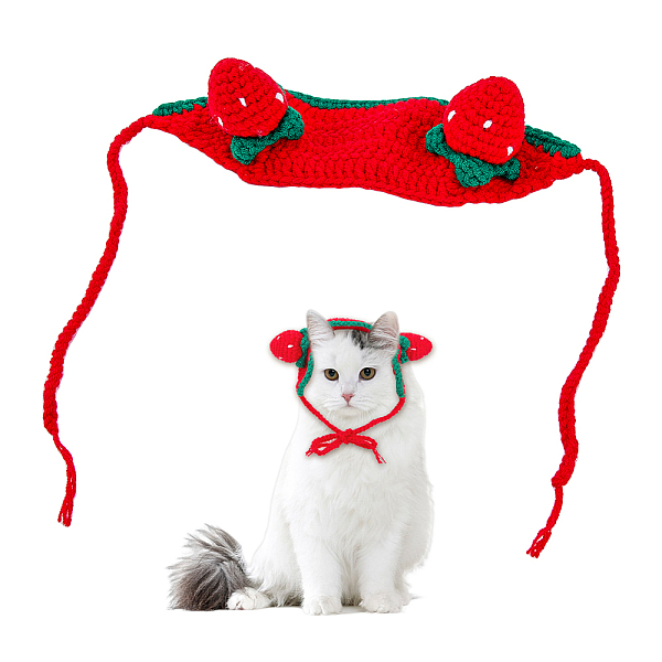PandaHall Cotton Crochet Pet Headwear Costume, for Cats Dogs Festival Birthday Theme Party Photo Prop, Strawberry, Red, 690mm Cotton...