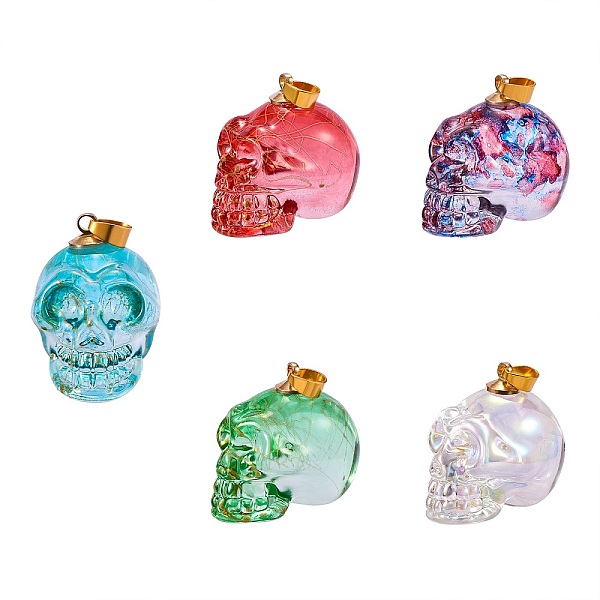 

PandaHall 5Pcs 5 Color Electroplate K9 Glass Pendants, with Golden Plated Brass Bails, Crackle, Skull, Halloween, Mixed Color, 25x26~27x19mm..., Multicolor