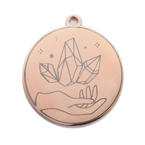 

PandaHall 304 Stainless Steel Pendants, Flat Round with Hand & Diamond, Rose Gold, 28x25x1.4mm, Hole: 2mm 304 Stainless Steel Flat Round