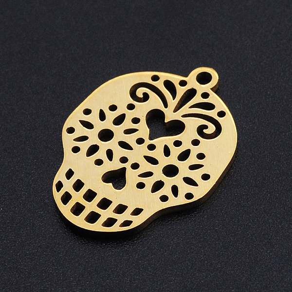

PandaHall 201 Stainless Steel Pendants, Filigree Joiners Findings, Laser Cut, Sugar Skull, For Mexico Holiday Day of The Dead, Golden...