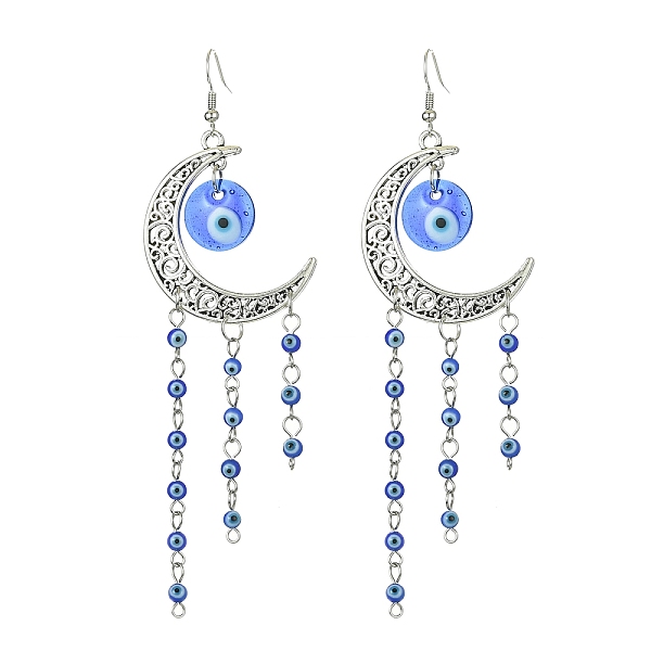 

PandaHall Tibetan Style Alloy Crescent Moon Chandelier Earrings, Evil Eye Lampwork Evil Eye Tassel Earrings, Antique Silver, 125x24mm Alloy..., Blue