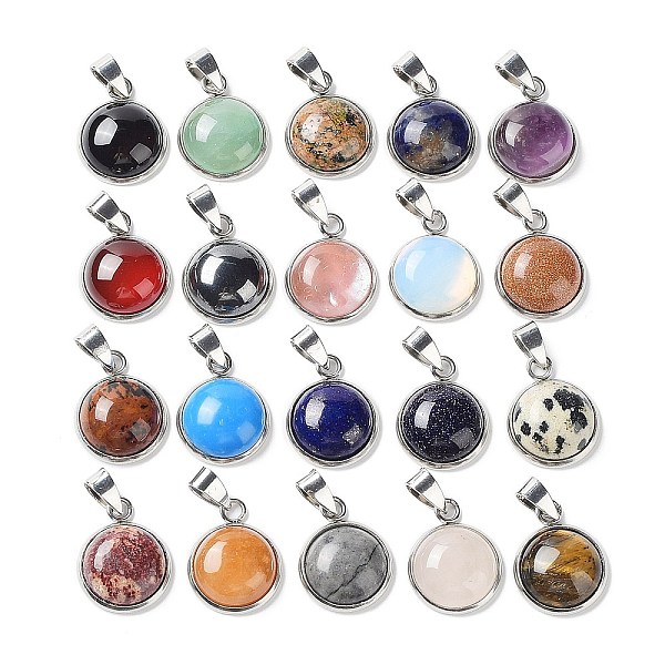 

PandaHall Natural & Synthetic Mixed Stone Pendants, Half Round/Dome Charms with Stainless Steel Color Plated 304 Stainless Steel Frame...