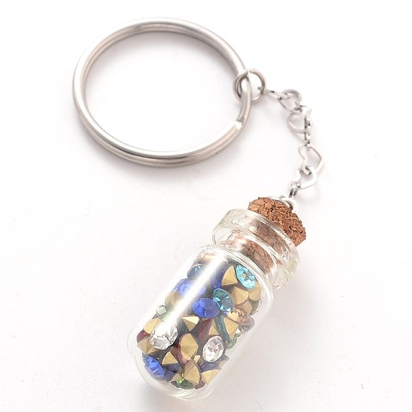 

PandaHall Stainless Steel Keychain, with Glass Rhinestone Bottle and with Wooden Bungs, Colorful, 93mm Stainless Steel Bottle