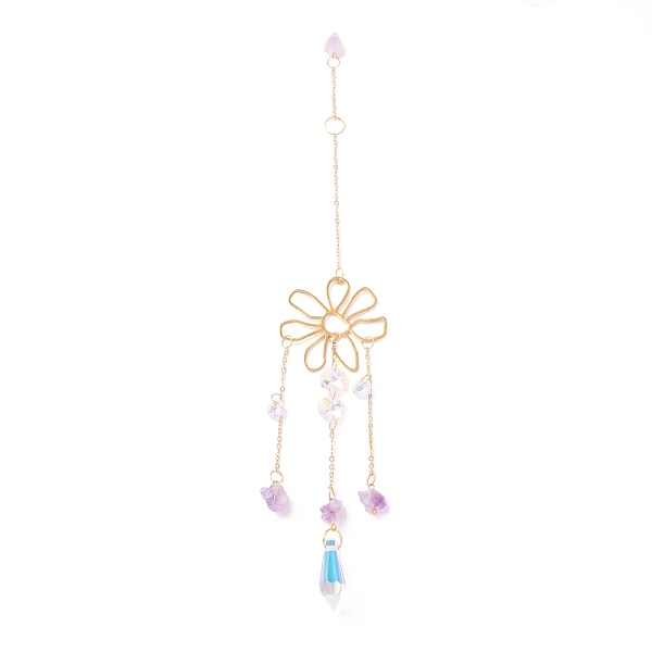 PandaHall Hanging Crystal Aurora Wind Chimes, with Prismatic Pendant, Flower-shaped Iron Link and Natural Amethyst, for Home Window Lighting...