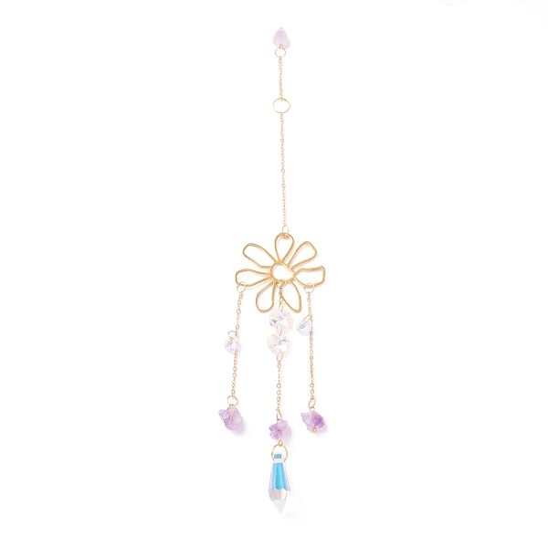 

PandaHall Hanging Crystal Aurora Wind Chimes, with Prismatic Pendant, Flower-shaped Iron Link and Natural Amethyst, for Home Window Lighting...