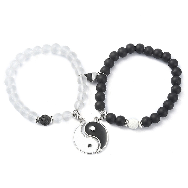 

PandaHall 2Pcs 2 Style Glass & Natural Lava Rock Round Beaded Stretch Bracelets Set, Alloy Enamel Yin Yang Match Couple Bracelets with..., Multicolor