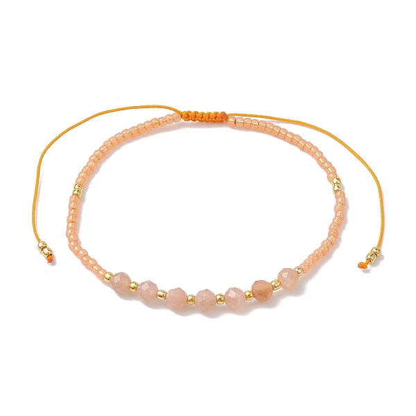

PandaHall Adjustable Natural Sunstone & Seed Braided Bead Bracelets, Inner Diameter: 1-3/4~3-3/8 inch(4.6~8.7cm) Sunstone Round Orange