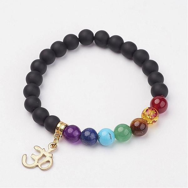

PandaHall Black Agate Beaded Stretch Bracelets, Gemstone Beaded Charm Bracelets, with Alloy Findings, Frosted, Om Symbol, 2 inch(50~53mm)...