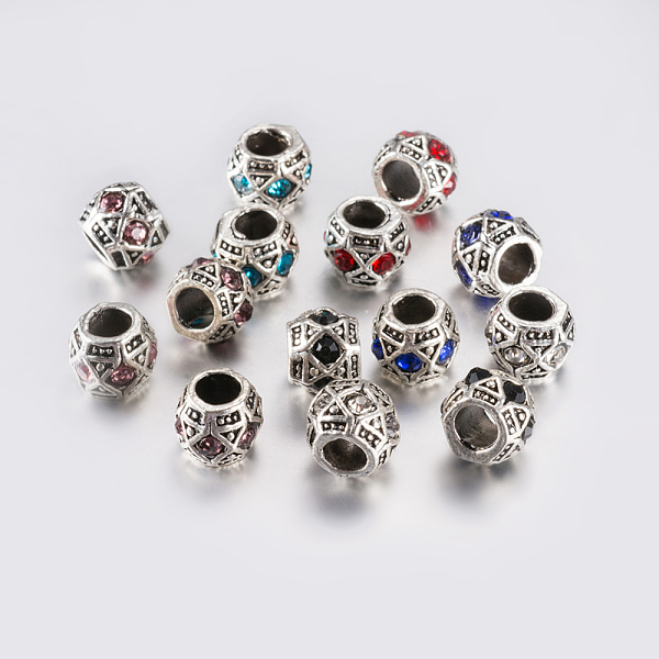

PandaHall Tibetan Style Alloy Rhinestone European Beads, Large Hole Beads, Barrel, Antique Silver, Mixed Color, 10x8mm, Hole: 5mm..., Multicolor