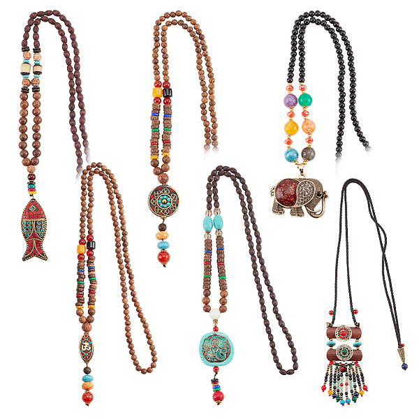 

PandaHall ANATTASOUL 6Pcs 6 Style Natural & Synthetic Mixed Gemstone Lariat Necklaces Set, Wood & Alloy Elephant Ethnic Style Necklaces for..., Multicolor