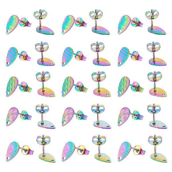 

PandaHall Unicraftale 40Pcs 5 Style 304 Stainless Steel Stud Earring Findings, with Hole, Textured Teardrop, Rainbow Color, 10x6mm, Hole...