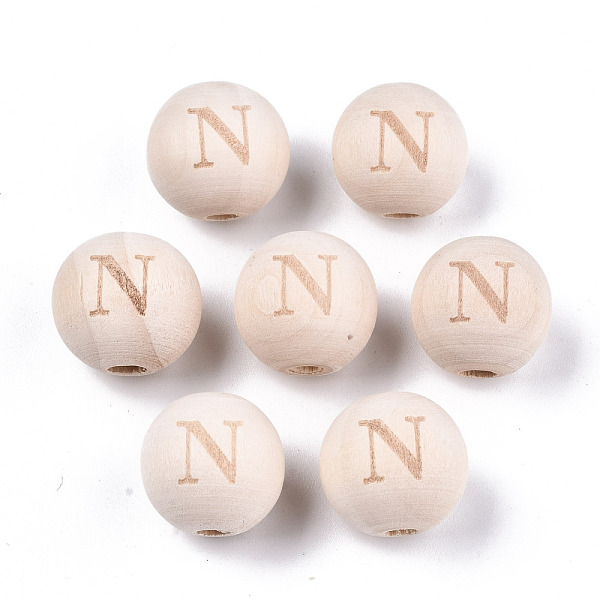 

PandaHall Unfinished Natural Wood European Beads, Large Hole Beads, Laser Engraved Pattern, Round with Word, Letter.N, 15~16x14~15mm, Hole...
