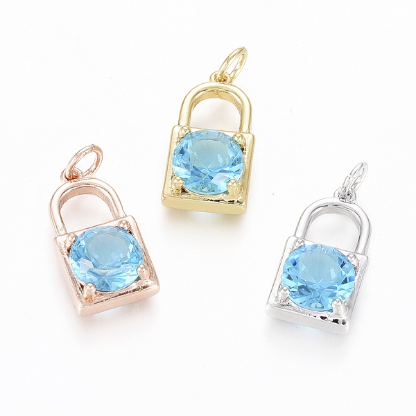

PandaHall Brass Micro Pave Cubic Zirconia Pendants, with Jump Rings, Long-Lasting Plated, Lock, Deep Sky Blue, Mixed Color, 18x9.5x5mm, Hole...