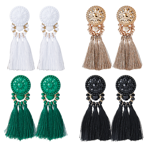 

PandaHall FIBLOOM 4 Pairs 4 Colors Polyester Tassel Dangle Stud Earrings, Golden Alloy Flower Earrings, Mixed Color, 91x29mm, 1 pair/color..., Multicolor