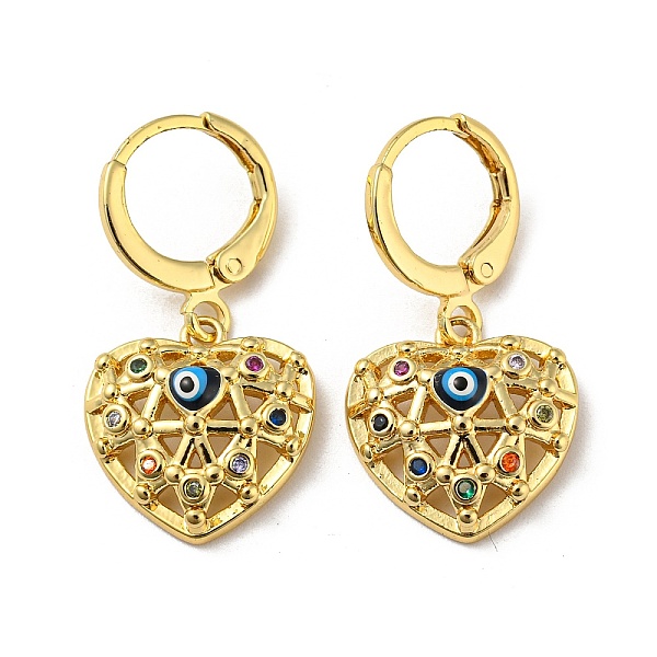 

PandaHall Real 18K Gold Plated Brass Dangle Leverback Earrings, with Enamel and Cubic Zirconia, Heart with Evil Eye, Clear, 28x15mm Cubic...
