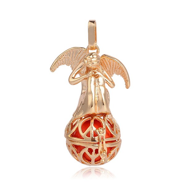 

PandaHall Golden Plated Brass Hollow Round Cage Pendants, with No Hole Spray Painted Brass Round Beads, Angel, Red, 44x29x20mm, Hole: 3x8mm...