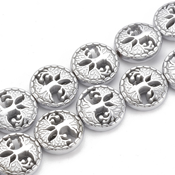 

PandaHall Electroplate Non-magnetic Synthetic Hematite Beads Strands, Flat Round with Tree of Life, Platinum Plated, 12~12.5x4~4.5mm, Hole...