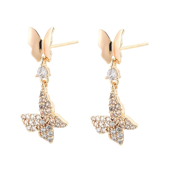 

PandaHall Clear Cubic Zirconia Double Butterfly Dangle Stud Earrings, Ion Plating(IP) Brass Jewelry for Women, Nickel Free, Real 18K Gold...