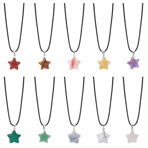 

PandaHall ANATTASOUL 10Pcs 10 Style Natural Mixed Gemstone Star Pendant Necklaces Set with Wax Cords, 18.70 inch(47.5cm), 1Pc/style Mixed...