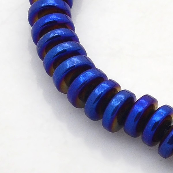 

PandaHall Electroplate Non-magnetic Synthetic Hematite Rondelle Beads Strands, Blue Plated, 6x3mm, Hole: 1mm, about 140pcs/strand, 15.7 inch...