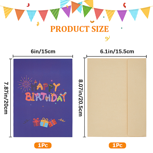 

PandaHall Rectangle Word Happy Birthday Pop Up Paper Greeting Card, with Envelope, Birthday Invitation Card, Purple, 200x150x2mm Paper...