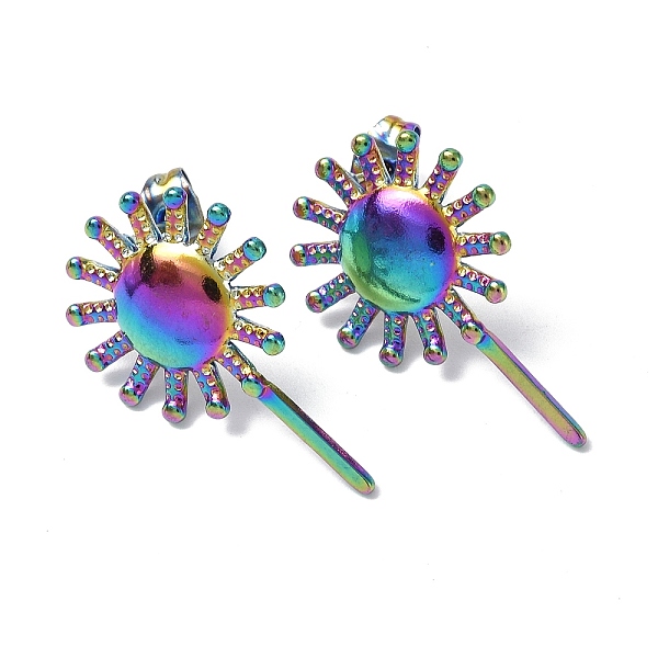 

PandaHall Ion Plating(IP) 304 Stainless Steel Sun Stud Earrings for Women, Rainbow Color, 25x15.5mm, Pin: 0.7mm 304 Stainless Steel Sun