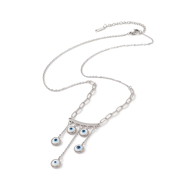 

PandaHall 316 Stainless Steel Cable Chain Pendants Necklace with Chain Extender & Lobster Claw Clasp, Bib Necklaces, Flat Round with Evil...