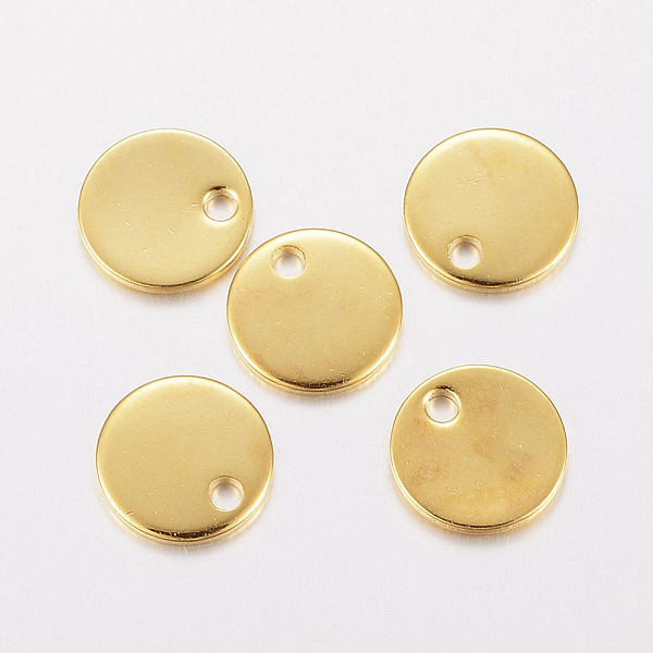

PandaHall 201 Stainless Steel Charms, Stamping Blank Tag, Flat Round, Golden, 8x0.8mm, Hole: 1.2mm 201 Stainless Steel Flat Round