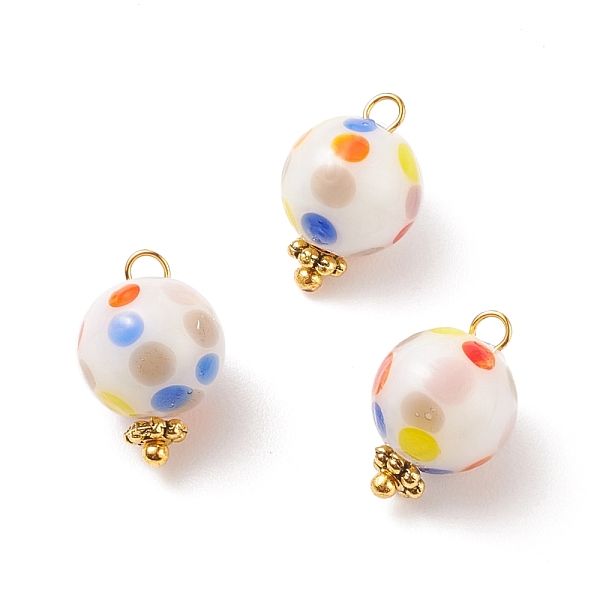 

PandaHall Handmade Lampwork Pendants, with Golden Plated Brass Loops, Round with Polka Dot Pattern, Colorful, 14.5~15x9.5~10mm, Hole: 1.8mm...